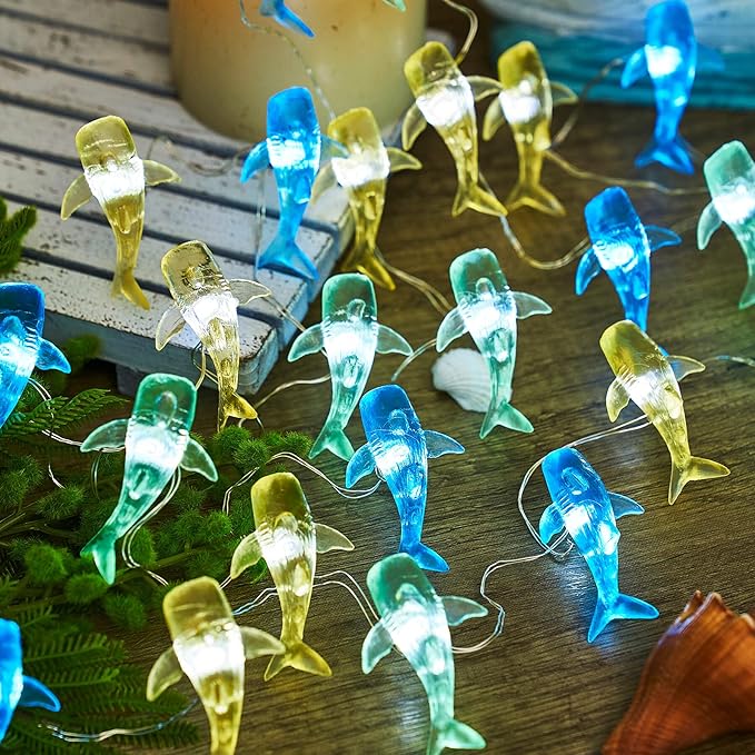 Nautical Theme Ocean Décor Outdoor Beach Decorative String Lights Whale Shark Cute Marine Life Novelty Night Lights 30LED 10ft Battery Operated for Outdoor Indoor Decor