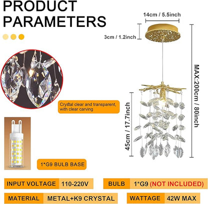 Modern K9 Crystal Tree Branches Chandelier, 8.6in Gold 1 Lights Large Ceiling Hanging Light for Dining Room, Round Tassel Ceiling Hanging