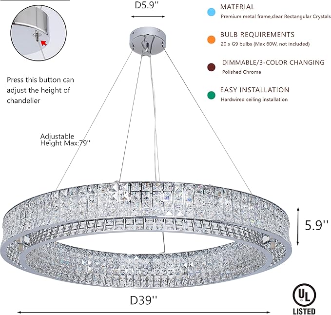 Modern Crystal Chandelier Round 20-Light Contemporary Hanging Ceiling Light Fixture Chrome Finish with Clear Rectangular Crystals Dining Room Living Room Bedroom Entryway Lighting Easy Install 39''