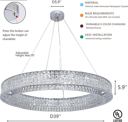 Modern Crystal Chandelier Round 20-Light Contemporary Hanging Ceiling Light Fixture Chrome Finish with Clear Rectangular Crystals Dining Room Living Room Bedroom Entryway Lighting Easy Install 39''