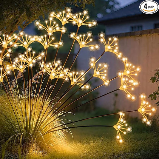 JJGoo Solar Garden Lights, New Upgraded 4 Pack Solar Swaying Starburst Light, Waterproof Fireworks Outdoor Lights, Yard Patio Pathway Decoration, Warm White