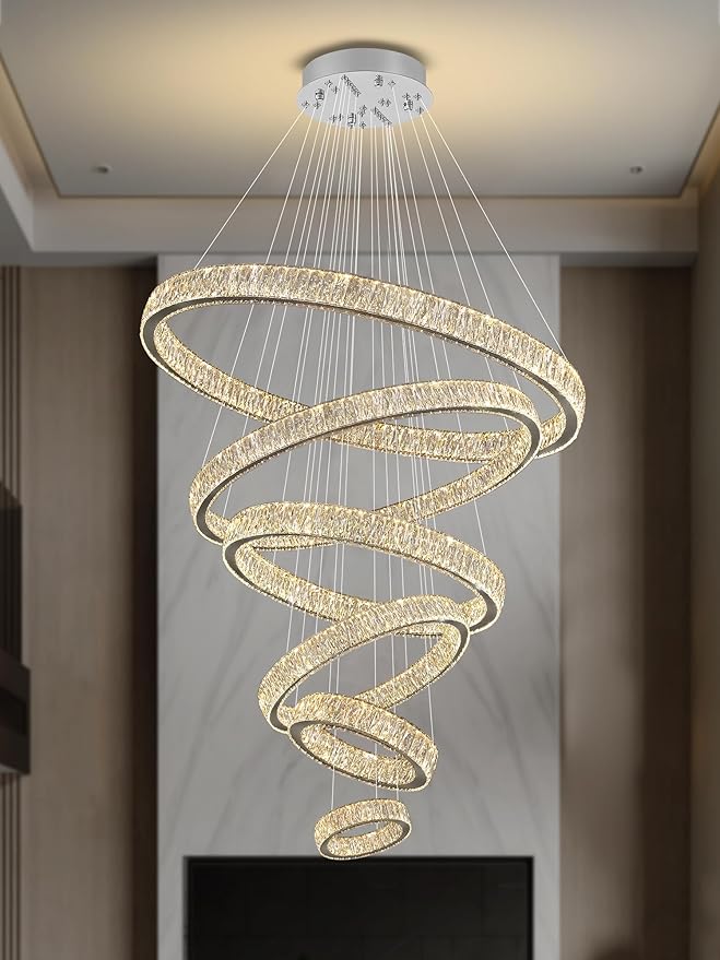 Extra Large 6 Ring Crystal Chandelier Modern LED Long Crystal Chandelier for High Ceiling Height Adjustable D8+15.7"+23.6"+31.5"+39.4"+47.5" Dimmable 2700K-6000K