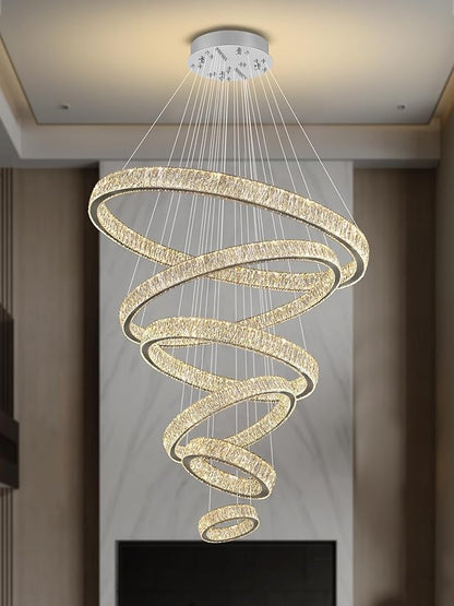 Extra Large 6 Ring Crystal Chandelier Modern LED Long Crystal Chandelier for High Ceiling Height Adjustable D8+15.7"+23.6"+31.5"+39.4"+47.5" Dimmable 2700K-6000K