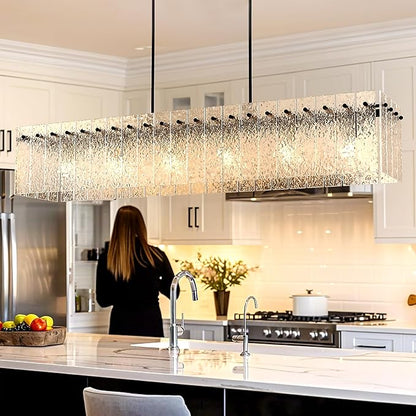 Modern Black Rectangle Chandelier, 48" Dining Room Chandelier with Water Ripple Glass, Linear Crystal Chandeliers for Dining Room, Living Room, Kitchen Island