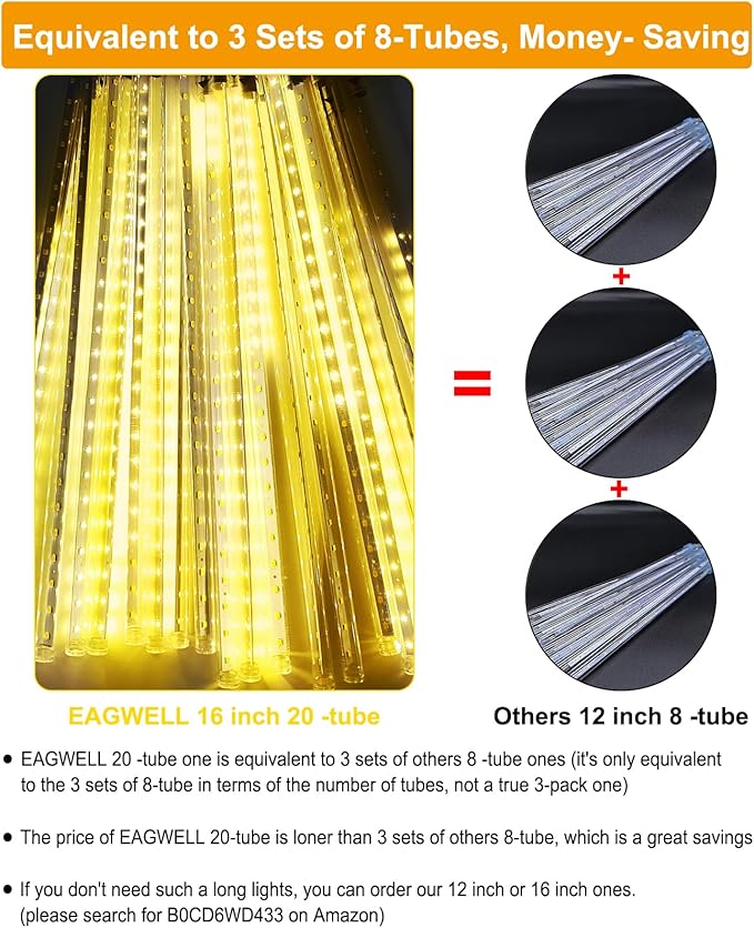 EAGWELL Outdoor Christmas Lights 16 Inch 20 Tubes Meteor Shower, Warm White Falling Rain Drop Icicle String Lights, Cascading Snow Effect Waterproof Xmas Decor for Tree Wedding Party Garden Holiday
