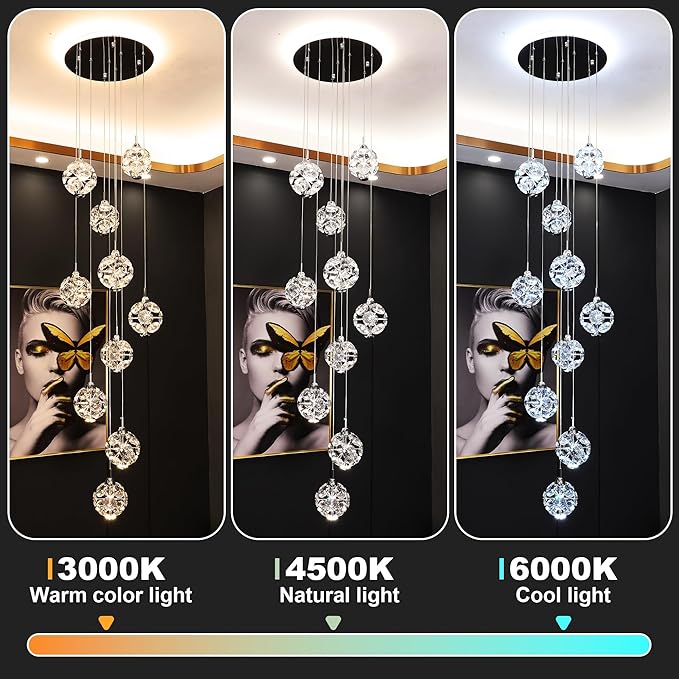 10-Light High Ceilings Long Chandeliers Modern Crystal Staircase Chandelier Hanging Flush Mount Lighting Fixtures for Spiral Staircase,Foyer,Entryway