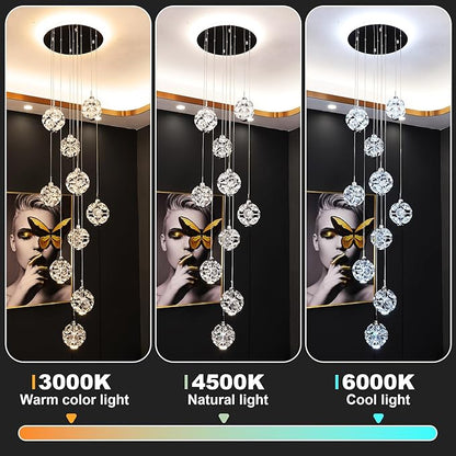 10-Light High Ceilings Long Chandeliers Modern Crystal Staircase Chandelier Hanging Flush Mount Lighting Fixtures for Spiral Staircase,Foyer,Entryway