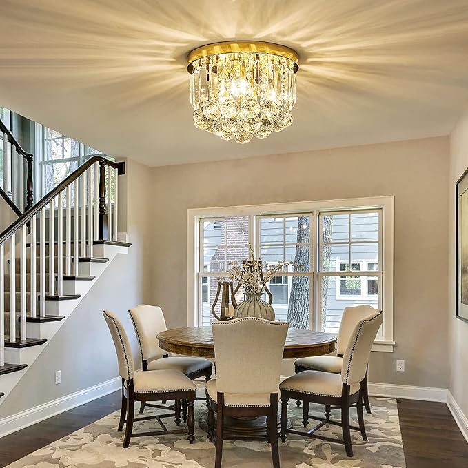 Round Crystal Lamp Chandelier,Modern Gold G9 Ceiling Mount Fixture Dia.9.85" x H8.25 for Living Room Dining Room Hallway (3 Light) …