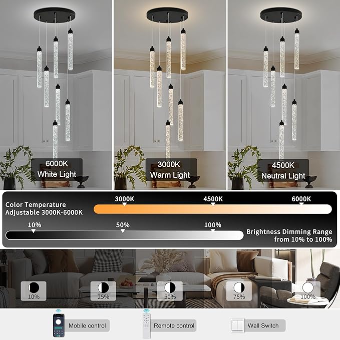 Crystal Staircase Chandelier, Modern Black Spiral Dimmable LED Cluster Raindrop Foyer Chandelier Lighting, Bubble Living Room Hanging Light Fixture 7 Light Remote Control