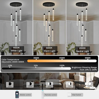 Crystal Staircase Chandelier, Modern Black Spiral Dimmable LED Cluster Raindrop Foyer Chandelier Lighting, Bubble Living Room Hanging Light Fixture 7 Light Remote Control