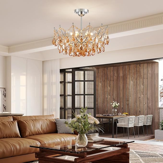 Crystal Ceiling Light Fixture, Modern Flush Mount Chandelier, 6-Lights Crystal Close to Ceiling Light, Chrome Hallway Light Fixtures for Bedroom Kitchen Entryway Bathroom Dining Room Living Room