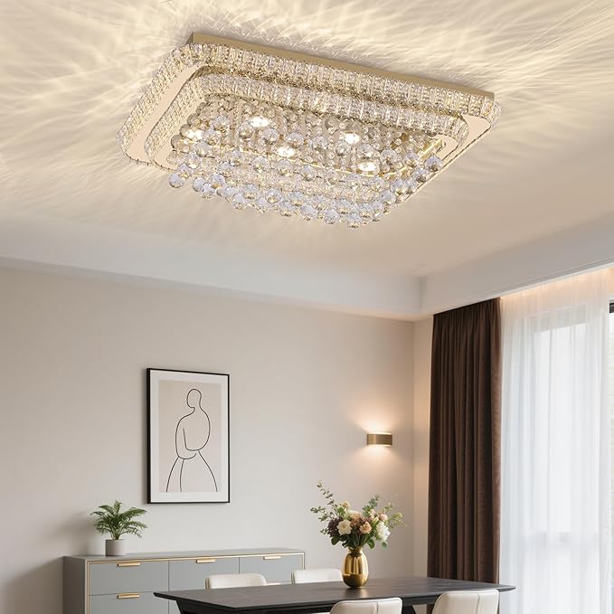 32 inch Crystal Flush Mount Gold Chandelier Remote/APP, Modern Raindrop LED Ceiling Light, 3CCT Dimmable & Brightness Adjustable,Elegant Chandeliers for Bedroom Hallway Dinning Room Living Room