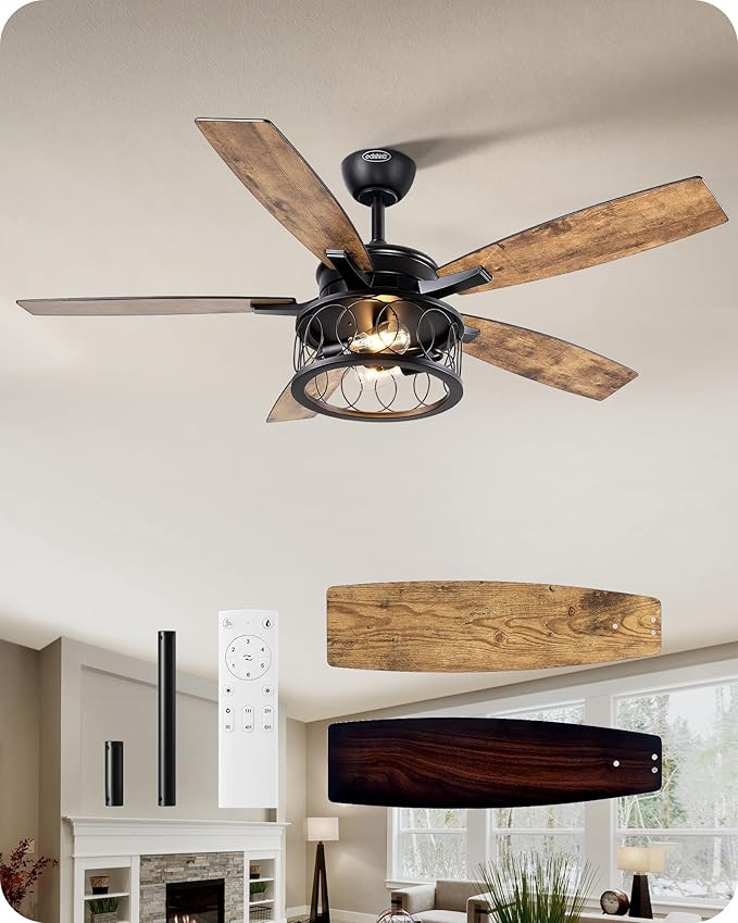 EDISHINE 52'' Farmhouse Ceiling Fans with Lights, 10%-100% Dimmable, 5 Wooden Blades, 1/2/4/6 Hour Timer, 6 Speeds Reversible DC Motor, Rustic Ceiling Fan for Living Room, Bedroom, Burnt Wood