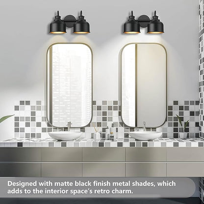 Bathroom 2-Light Vanity Fixture Farmhouse Wall Sconce with Matte Black Metal Shade Industrial Wall Lights for Bedroom,Kitchen,Living Room,Hallway