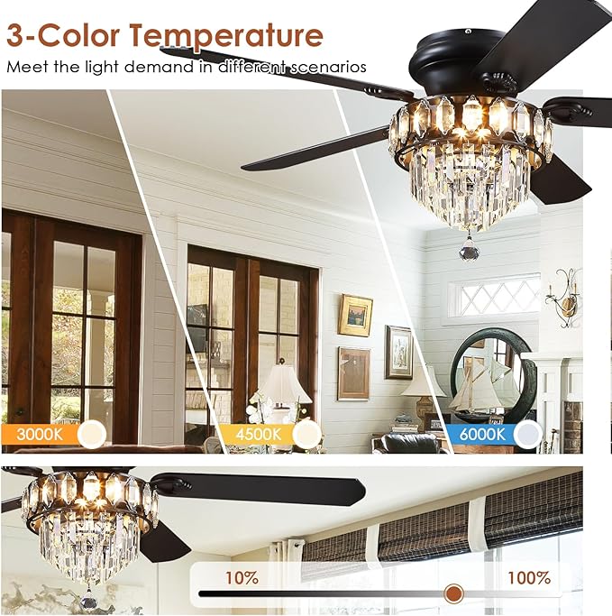 Asyko 52" Low Profile Crystal Ceiling Fan Fandelier with Lights and Remote Control- Retro/Farmhouse Ceiling Fans with Noiseless DC Motor, Flush Mount Ceiling Fan Light for Dining Room,Bedroom