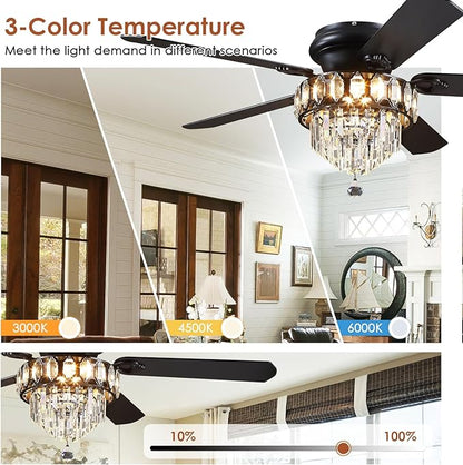 Asyko 52" Low Profile Crystal Ceiling Fan Fandelier with Lights and Remote Control- Retro/Farmhouse Ceiling Fans with Noiseless DC Motor, Flush Mount Ceiling Fan Light for Dining Room,Bedroom