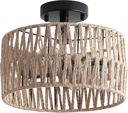 2-Light Coastal Woven Flush Mount Light Fixture Rustic Industrial Hemp Rope Semi Flush Mount Ceiling Light for Hallway Bedroom Kitchen Entryway Farmhouse, Black