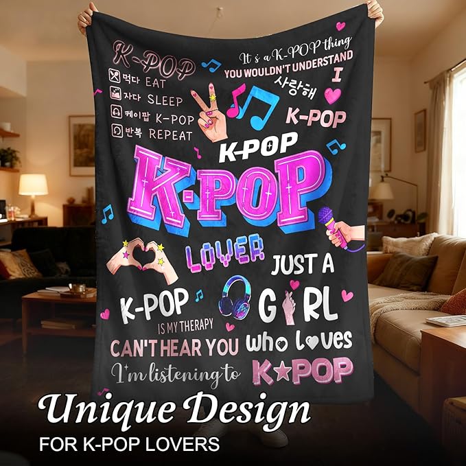 Kpop Gifts Blanket for Teen Girls - Music Gifts for Women Friends K-Pop Fans Lovers, Kpop Merch Stuff, Christmas Birthday Gifts for BFF Girls Women, Just A Girl Who Loves K-pop Blanket 80''x60''