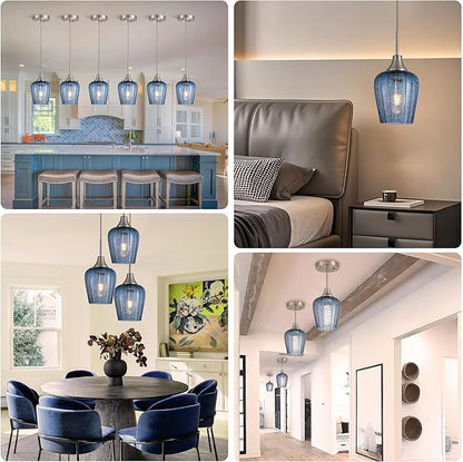 Viinew Mini Glass Pendant Light,5.4" Tulip Flower Shape Dark Blue Glass Hanging Light,1-Pack Handblown Clear Blue Seeded Shade Adjustable Cord Ceiling Light Fixture for Kitchen Island Sink