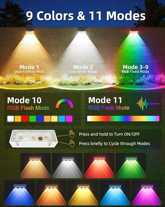 JOFIOS Solar Fence Lights Outdoor, 8 Pack, 9 Fixed Colors ＆ Color Changing LED Light Solar Powered Waterproof IP65 Dusk-to-Dawn Vinyl Fence Lights for Patio, Railing, Pool, Porch, Backyard, Wall