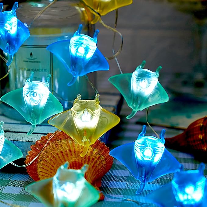 Sea Life Decor Ocean Fish Manta Ray String Lights Indoor Outdoor Nautical Theme Ocean Beach Decorative Lights Cute Marine Life Fairy Lights 30LED 10ft Battery Operated for Bedroom Garden Camp Tent