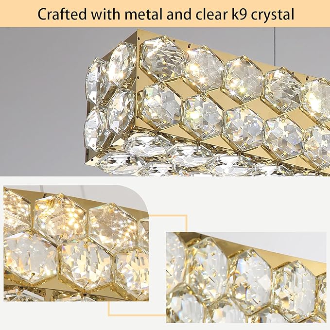 24'' Modern Crystal Chandelier for Dining Room Ceiling Light Fixture for Living Room Hallway Lighting LED Dimmable with Remote Gold