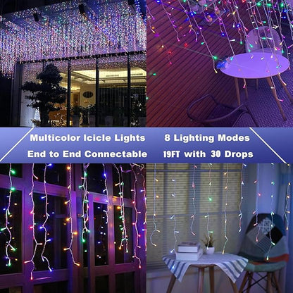 Joomer Christmas Icicle Lights - 19FT Outdoor String Lights Waterproof, 8 Modes Timer Connectable Plug-in String Light for Christmas Party, Eaves, Roofs, Xmas Decorations (Multicolor)