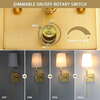 Untrammelife Gold Wall Sconces Set of Two, Farmhouse Sconces Wall Lighting with Dimmer ON/Off Switch, Industrial Hardwired Wall Lamps for Bedrooms, Living Room, Bathroom, Vanity (Bulbs Included)