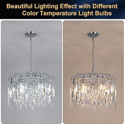 A AXILIXI Round Crystal Chandelier Modern 20" Drum Chandelier with Chain Chrome Adjustable K9 Raindrop Crystal Ceiling Pendant Fixtures 2 Tiers for Dining Room Bedroom Living Room