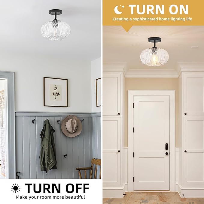 Bagood Black Semi Flush Mount Ceiling Lights Fixture Farmhouse Globe Glass Mid Century Light Fixtures Textured Glass Hallway Lights Fixtures Vintage Ceiling Light for Bathroom Entryway(Bulb Incl.)