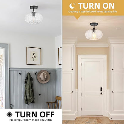Bagood Black Semi Flush Mount Ceiling Lights Fixture Farmhouse Globe Glass Mid Century Light Fixtures Textured Glass Hallway Lights Fixtures Vintage Ceiling Light for Bathroom Entryway(Bulb Incl.)