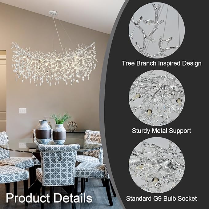Modern Crystal Silver Chandelier, 47" Large Rectangular Tree Branch Chandeliers for Dining Room Over Table,Living Room,High Ceiling,Kitchen Island,Foyer,Staircase, Crystals Ceiling Light Fixtures