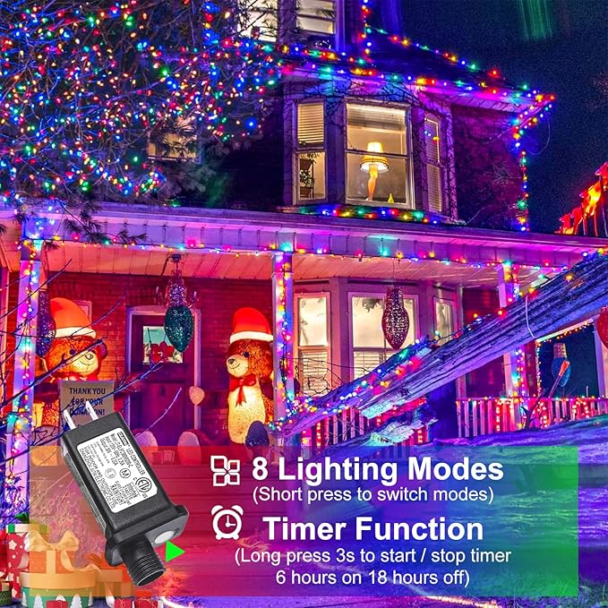 Multicolor Christmas Lights Outdoor, 66FT 200 LED String Lights for Outside Waterproof with 8 Modes, Plug in Connectable Fairy Twinkle Light for Indoor Room Patio Yard Party Holiday Decorations