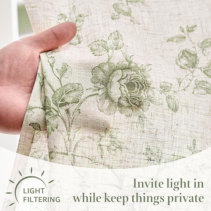 jinchan Amlie Floral Kitchen Curtains 30 Inch Length Linen Cafe Curtains Small Window Drapes Light Filtering Botanical Farmhouse for Bedroom Bathroom Rod Pocket 2 Panels Sage Green on Linen