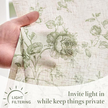 jinchan Amlie Floral Kitchen Curtains 30 Inch Length Linen Cafe Curtains Small Window Drapes Light Filtering Botanical Farmhouse for Bedroom Bathroom Rod Pocket 2 Panels Sage Green on Linen
