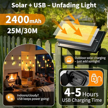 Solar Lights Outdoor Waterproof: ST38 100FT 30M Shatterproof Bulbs Patio Lights - Solar Powered & USB Charging- Remote Control 3 Light Modes Dimmable Solar Light - Camping Backyard Garden