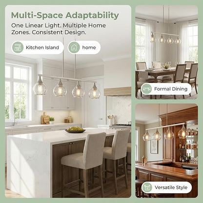 Kitchen Island Linear Pendant Light, 4-Light Modern Chandelier with Clear Glass Globe Shades, Linear Lighting Fixture Over Dining Table, Brushed Nickel