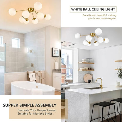 Bagood 8 Light Mid Century Modern Ceiling Light Semi Flush Mount Ceiling Light Fixture Globe Lights Sputnik Chandelier with Milk Glass Shade Brushed Brass Finish for Bedroom Hallway Living Room