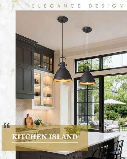 Black Pendant Lights Kitchen Island, 8" Farmhouse Hanging Lights Fixtures with Metal Shade, Rustic Kitchen Pendant Lighting Over Island for Dining Room, AD-2151-1PM-BK