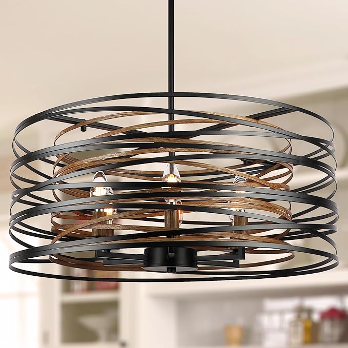 Sigaitwei 6-Light Dining Room Chandeliers Farmhouse，23.6" Large Black Farmhouse Chandelier，Wood Grain and Vintage Black Dining Room Light Fixture for Kitchen Entryway Living Room