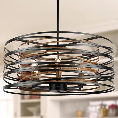 Sigaitwei 6-Light Dining Room Chandeliers Farmhouse，23.6" Large Black Farmhouse Chandelier，Wood Grain and Vintage Black Dining Room Light Fixture for Kitchen Entryway Living Room