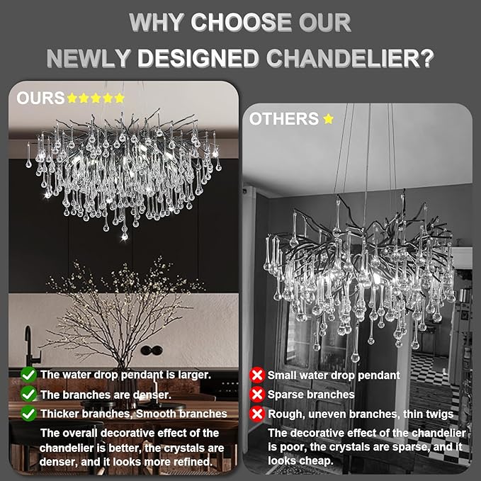 Chandeliers for Dining Room - 23.6" Modern Black Crystal Chandelier, Round Tree Branch Raindrop Chandelier, Foyer Chandeliers for Entryway, Living Room,Bedrooms,Bathroom(Bulb not Included)