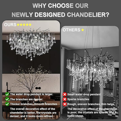 Chandeliers for Dining Room - 23.6" Modern Black Crystal Chandelier, Round Tree Branch Raindrop Chandelier, Foyer Chandeliers for Entryway, Living Room,Bedrooms,Bathroom(Bulb not Included)