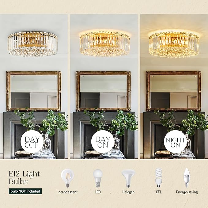 17.3" Gold K9 Crystal Raindrop Flush Mount Ceiling Light, Modern Chandelier, Round Luxury Light Fixture for Dining Room, Bedroom, Hallway, Kitchen Island & Living Room