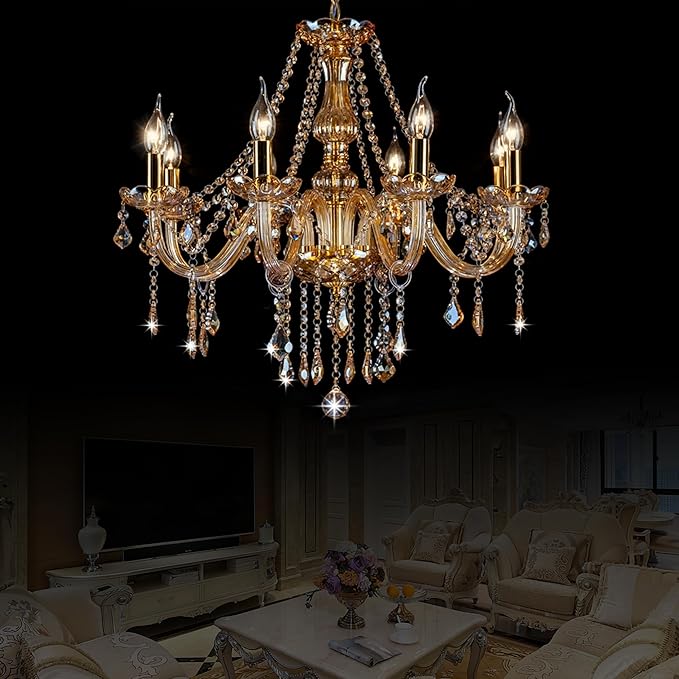 Bagood Champagne 8 Lights K9 Crystal Candle Chandeliers Lighting Candle Chandelier Lighting Modern Pendant Lights for Dining Living Room Bedroom Entry Elegant Decoration E12 Base, H22.8 x W27.2 Inch
