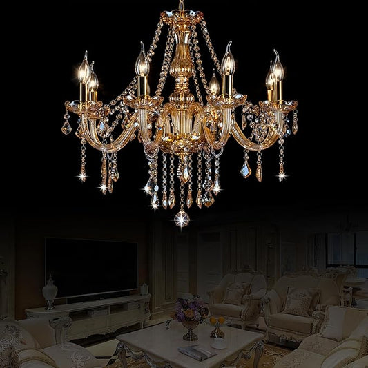 Bagood Champagne 8 Lights K9 Crystal Candle Chandeliers Lighting Candle Chandelier Lighting Modern Pendant Lights for Dining Living Room Bedroom Entry Elegant Decoration E12 Base, H22.8 x W27.2 Inch