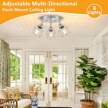Baocuz 3-Light Brushed Nickel Semi Flush Mount Ceiling Light, Adjustable Kitchen Light Fixtures Ceiling Mount E26 Base Multi-Directional Silver Ceiling Spot Lights for Hallway Farmhouse Foyer