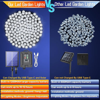 New Upgraded Solar Christmas String Lights Outdoor Waterproof 2 Pack Total 144ft 400 Led Solar & USB Rechargeable 19 Mode Solar Power Fairy Lights for Outside Yard Patio Garden Party Xmas Decor, White