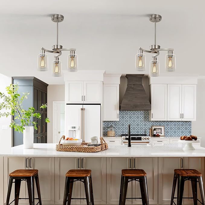 CNRATYE 3-Light Brushed Nickel Pendant Lighting for Kitchen Island, Hanging Dining Room Light Fixtures Over Table, Industrial Chandelier for Entryway Hallway Foyer Bedroom, Clear Glass Shade