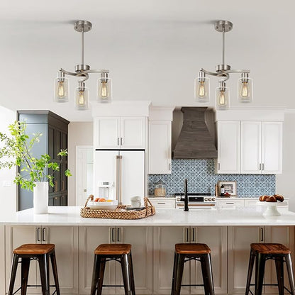 CNRATYE 3-Light Brushed Nickel Pendant Lighting for Kitchen Island, Hanging Dining Room Light Fixtures Over Table, Industrial Chandelier for Entryway Hallway Foyer Bedroom, Clear Glass Shade